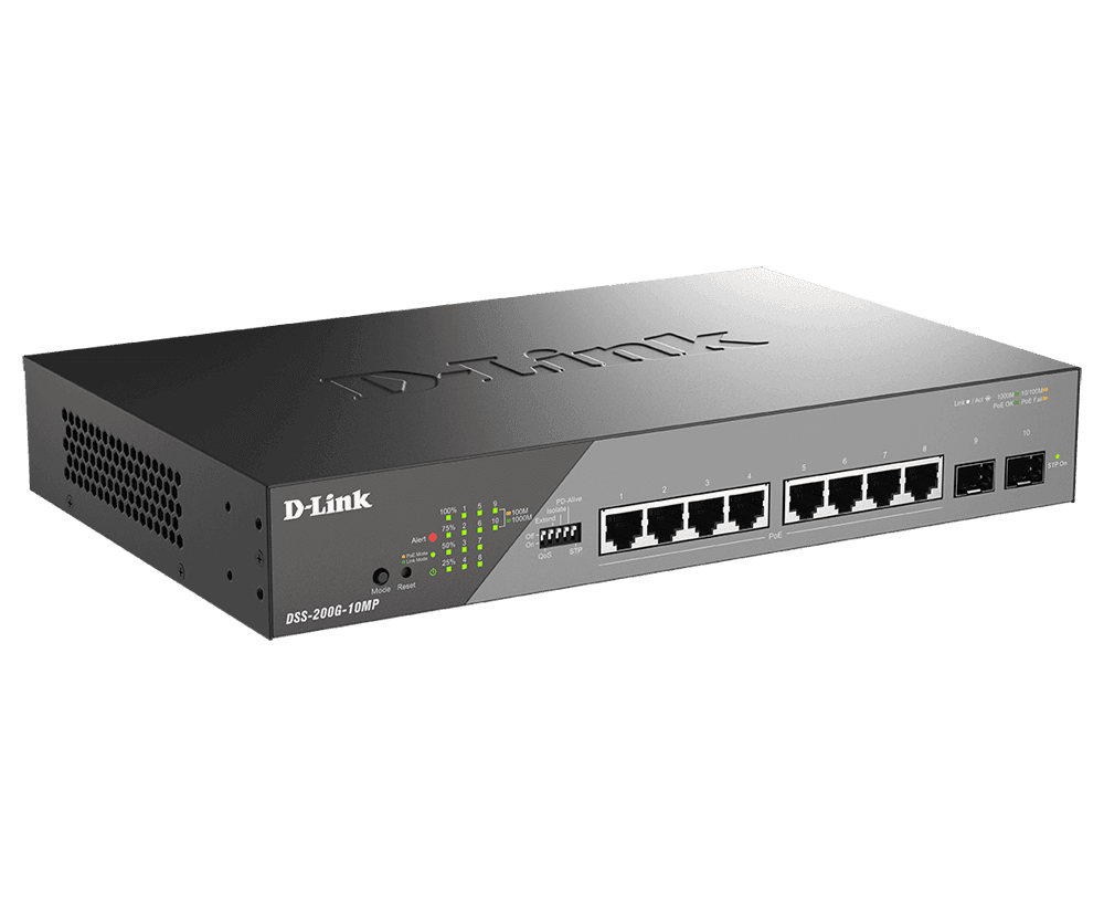 D-Link Switch DSS-200G-10MP, 8 porturi Gigabit POE, 2X SFP 1000Mbps, Capacitate switch: 20Gbps, FW Rate: 14.88Mbps, POE Budget:130W, 30W/port, Dimensiuni: 280 x 180 x 44 mm, Greutate: 1.55kg, Consum: 160.2 W (PoE on) ; 9.63 W (PoE off). — miniatură