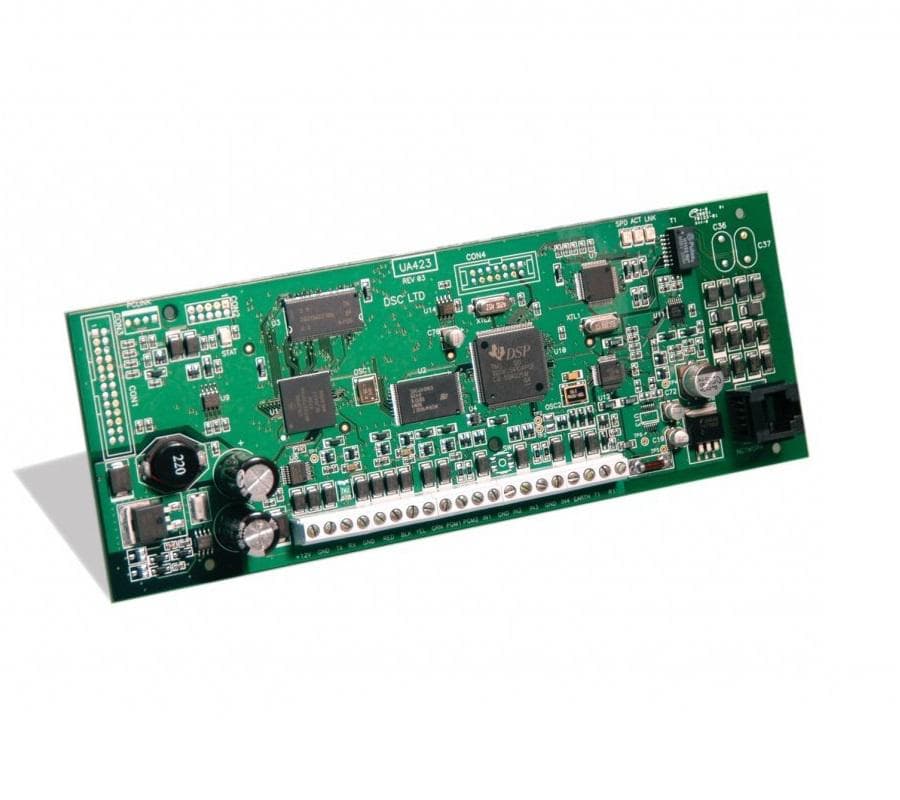 Modul comunicator IP (Contact ID, SIA) universal, DSC T-LINK-300, Preia informatiile de la unitatile de alarma prin linia de telefon simulata, Functioneaza cu orice tip de centrala de alarma care dispune de un comunicator telefonic, care transmite in Contact ID sau SIA, Intrari de alarma si iesiri