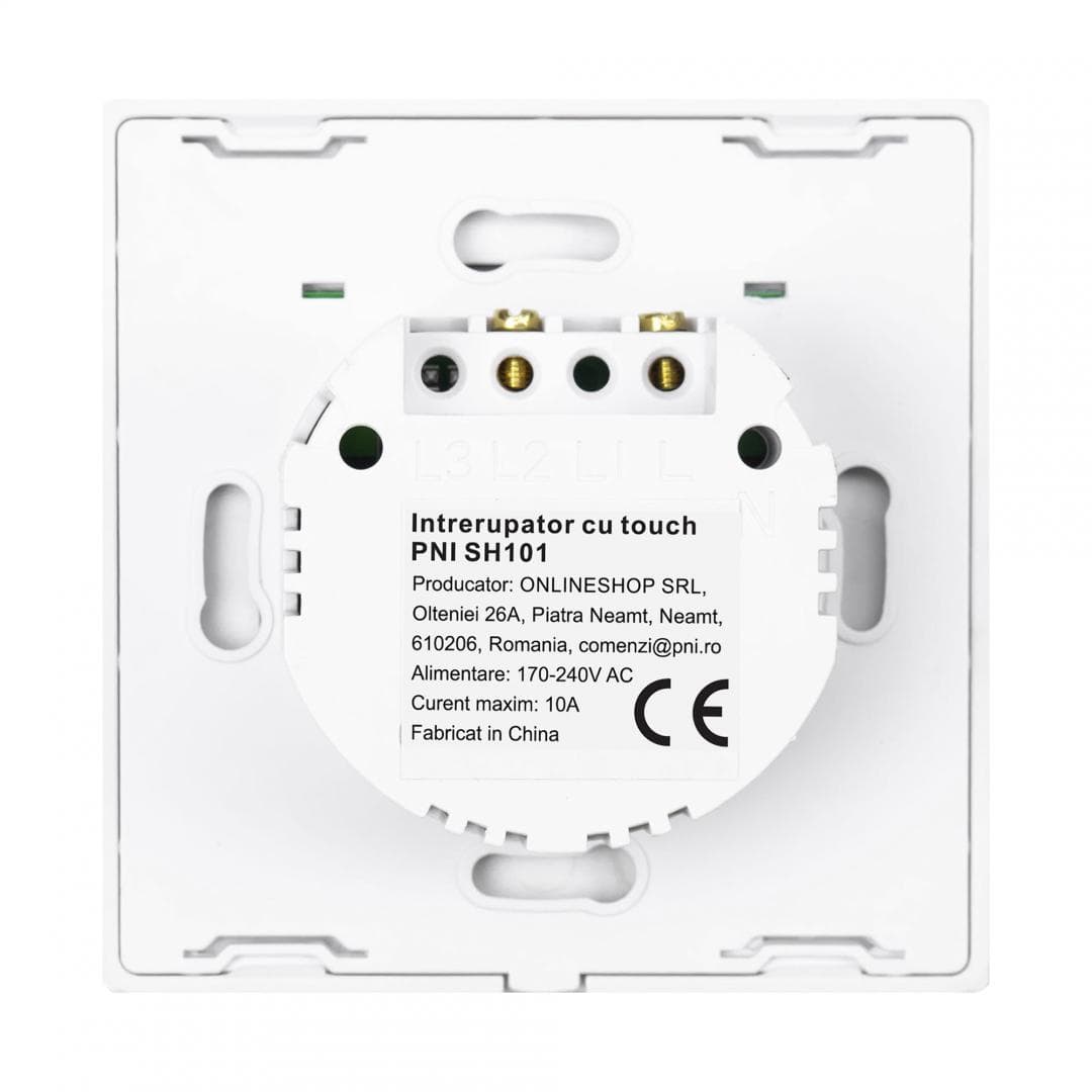 Intrerupator cu touch PNI SH101 alb cu LED indicator cu panoul frontal din sticla temperata transparenta, iar carcasa din spate rezistenta la foc. Poate fi utilizata la o putere maxima de 100W pentru becurile cu LED, iar pentru becurile clasice de maxim 200W, dIMENSIUNI: 86 X 86 X 34 mm, Butoane — miniatură