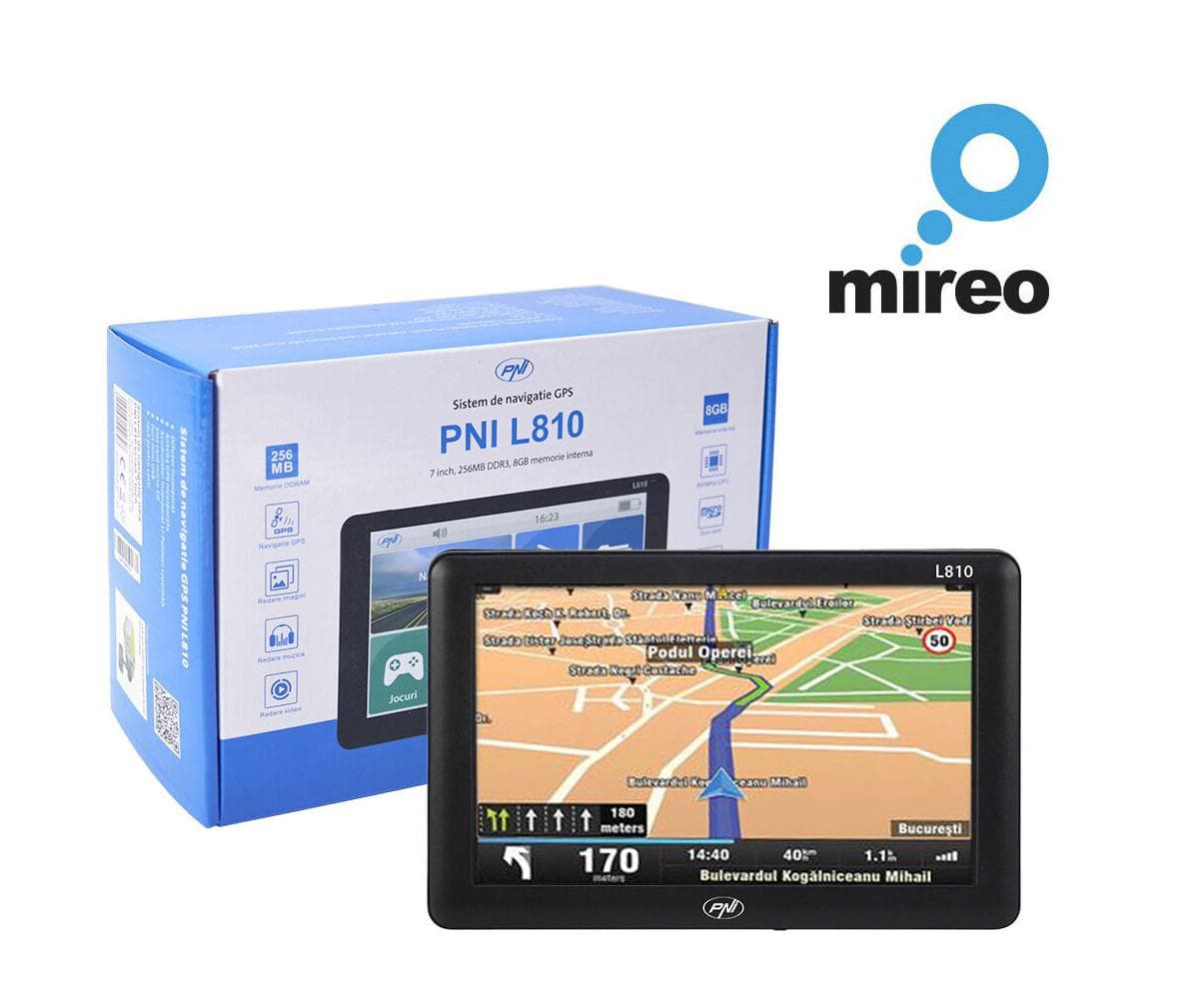 PNI L810-HM SISTEM NAVIGATIE 7", Windows CE 6.0, Rezolutie: 800 x 480, Aspect: 16:9, Procesor: 800 MHz. Meemrie RAM 256 Mb, Memorie interna: 8Gb, Slot MicroSD, max 32Gb, Culoare Negru, FM Transmitter, Cu harta Europei  Mireo  Don't panic inclusa.