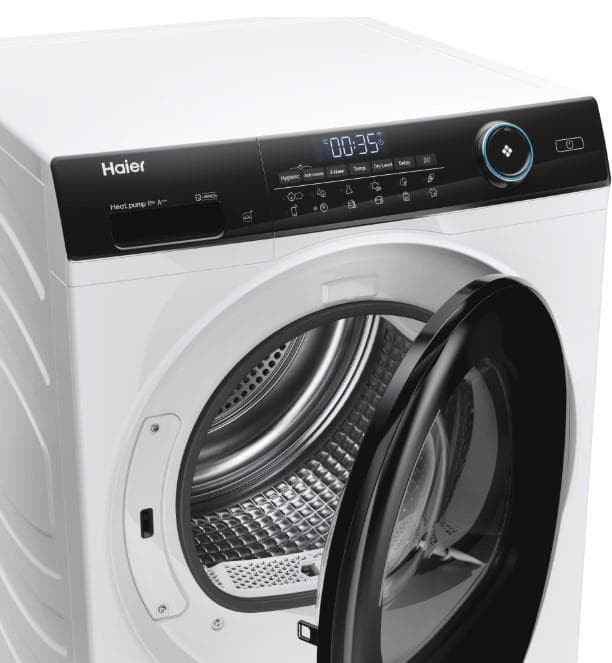 Uscator de rufe Haier HD80-A3959-S, Pompa de caldura cu compresor inverter, 8kg,clasa A+++, WIFI-app hOn, 11 programe +app, alba - usa neagra — miniatură