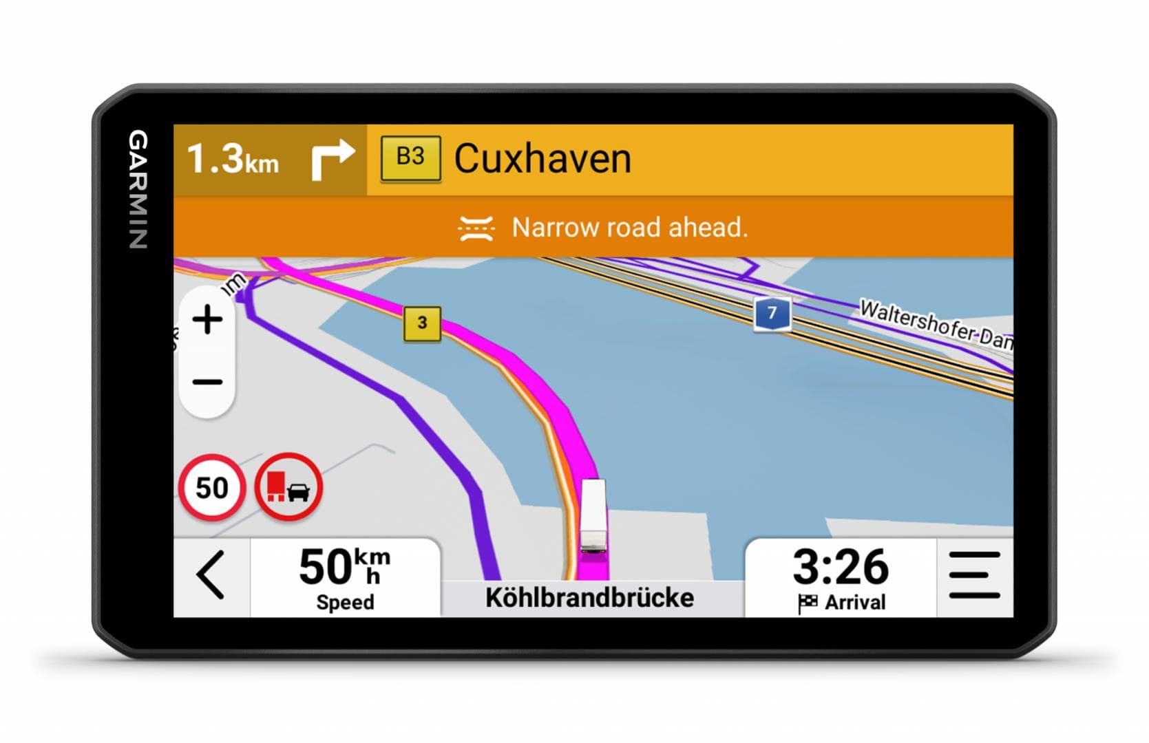 GPS Garmin Dezl LGV720, tip afisaj IPS super-panoramic de 6,95", TFT color, cu panou tactil capacitiv pe celule, rezolutie 1024 x 600 pixeli, durata de viata baterie până la 1,5 ore — miniatură