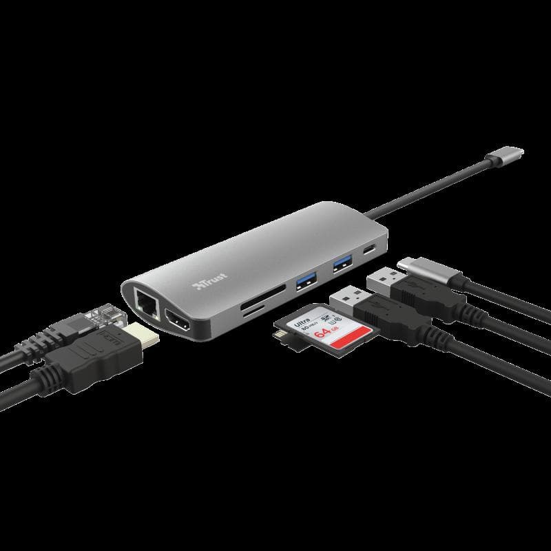 Hub USB Trust Dalyx, USB-C, 7 porturi, HDMI, RJ-45, Negru — miniatură