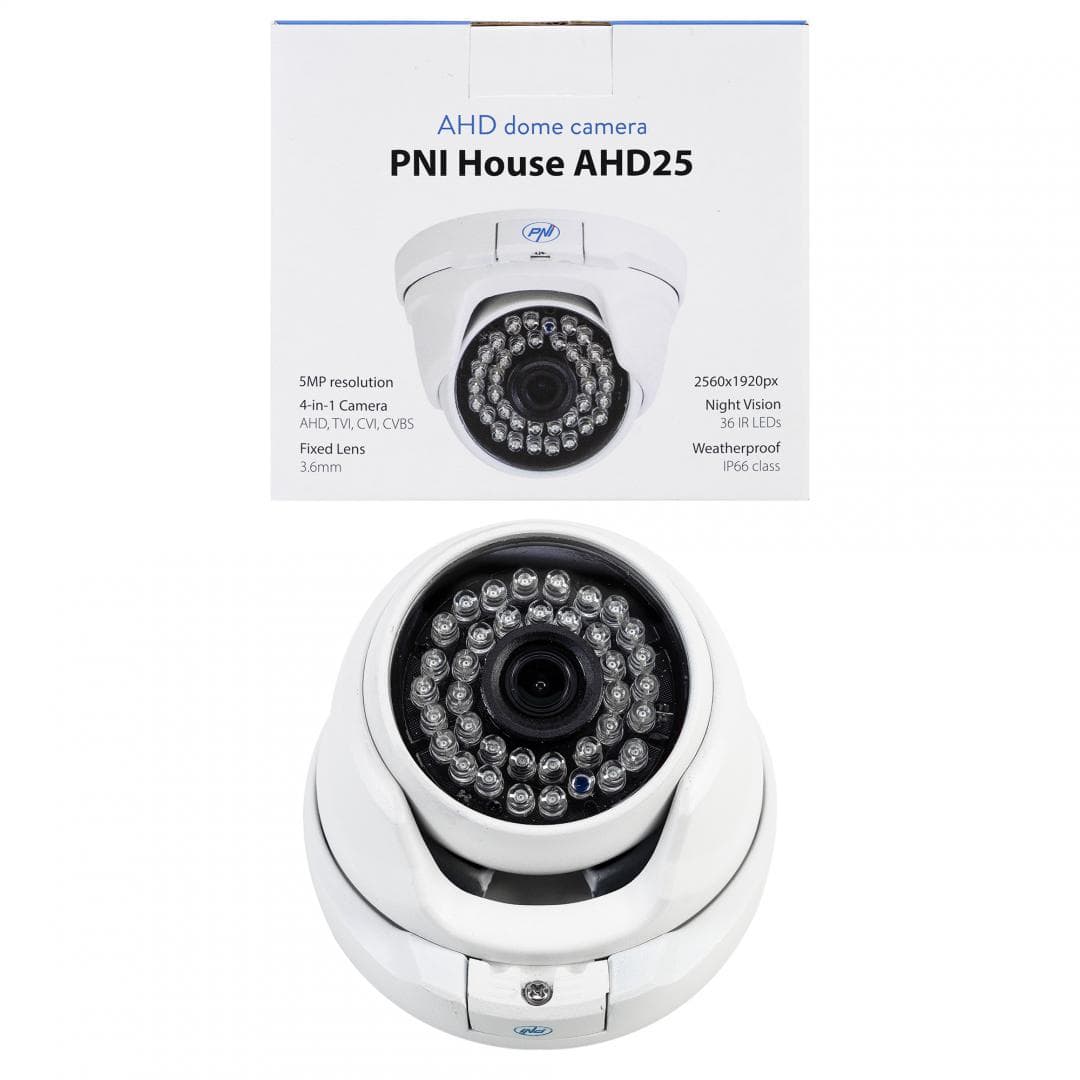 Camera supraveghere video PNI House AHD25 5MP, dome, lentila 3.6mm, 36 LED-uri IR, de exterior sau interior, IP66, Sistem TV: PAL, IR 25m, Dimensiuni: 100 X 105 X 75 mm, Rezolutie imagine: 2560 x 1920 px, Lentile: 3.6mm. — miniatură