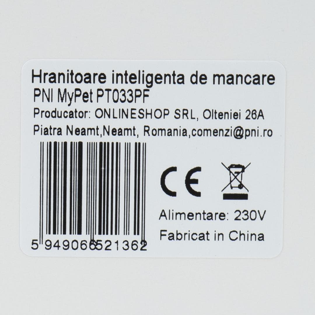 Hranitoare inteligenta de mancare PNI MyPet PT033PF pentru animale de casa, WiFi, 3 litri, programabil din aplicatia dedicata Tuya Smart, integrare in scenarii si automatizari smart cu alte produse compatibile Tuya, Dimensiuni: 205 x 205 x 430 mm, Greutate: 2.200 g, Volum: 3l, Alimentare: DC 5V 1A — miniatură