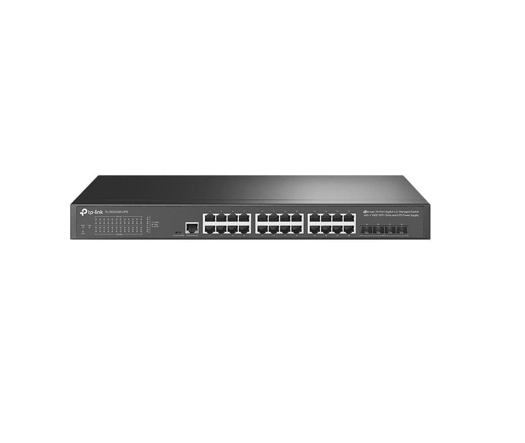 "JetStream™ 24-Port Gigabit L2+ Managed Switch with 4 10GE SFP+ Slots and UPS Power Supply PORT: 24× Gigabit RJ45 Ports, 4× 10G SFP+ Slots, RJ45/Micro-USB Console Port SPEC: 1U 19-inch Rack-mountable Steel Case FEATURE: Static Routing, OAM, sFlow, DDM, 802.1Q VLAN, QinQ, STP/RSTP/MSTP, IGMP
