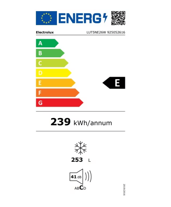 CONGELATOR ELECTROLUX LUT5NE26W, Capacitate totala 276 litri; Dimensiuni HxLxA : 186x60x64 cm; 7 rafturi; Usa reversibila; Nivel de zgomot 40 db; Clasa eficienta energetica E; Alb — miniatură