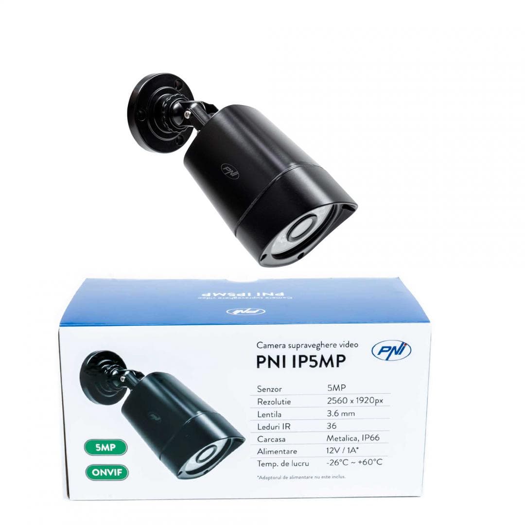 Camera supraveghere video PNI IP5MP cu IP, 5MP, H.265, ONVIF, de exterior si interior IP66, Senzor imagine: CMOS, Rezolutie: 2560 × 1920px, Tip lentila: f:3.6mm, Compresie imagine: H.265, Ethernet: 10/100 Mbps RJ-45, Clasa de protectie: IP66