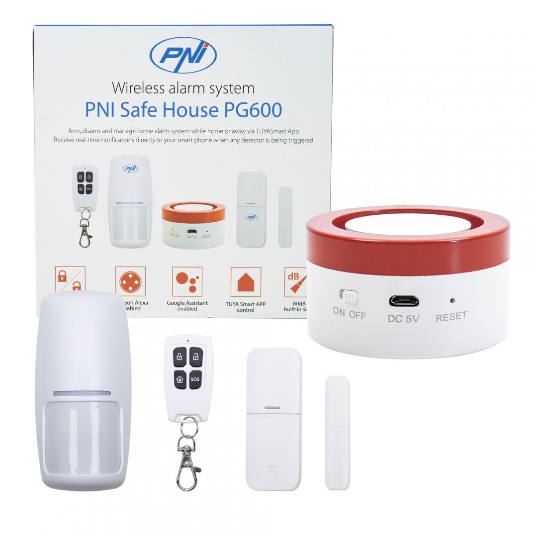 Sistem de alarma wireless PNI Safe House PG600, sistem inteligent de securitate pentru casa, conectare wireless, alarma antiefractie, alarma fara fir, alerta inteligenta prin aplicatia TUYA iOS / Android, compatibil cu Alexa si Google Assistant, dIMENSIUNI: 65 x 65 x 37 mm, Raza comunicatie