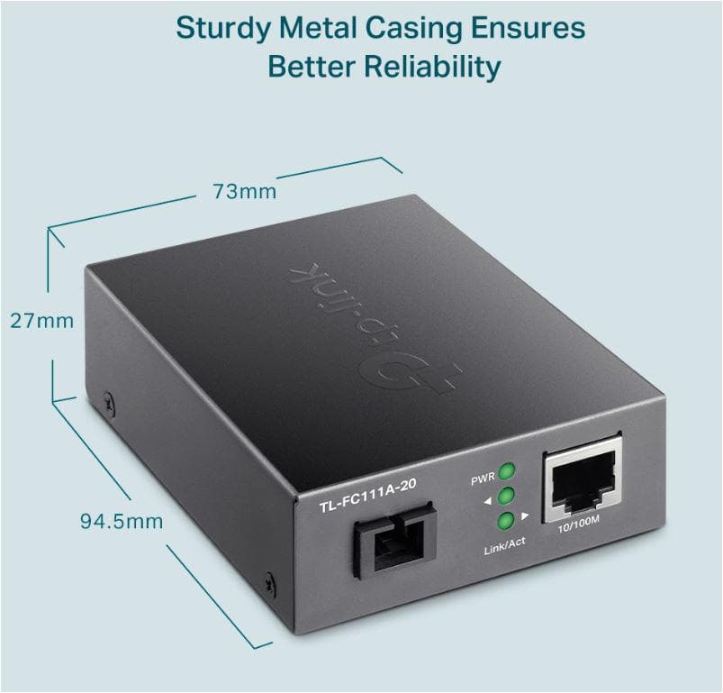 "10/100 Mbps RJ45 to 100 Mbps Single-mode SC WDM Bi-Directional Fiber Converter PORT: 1× 100Mbps SC Port, 1× 10/100M RJ45 Port (Auto MDI/MDIX) SPEC: Full-duplex, Tx:1550 nm, Rx:1310 nm, Up to 20 km, Chassis TL-FC1420 rack-mountable" — miniatură