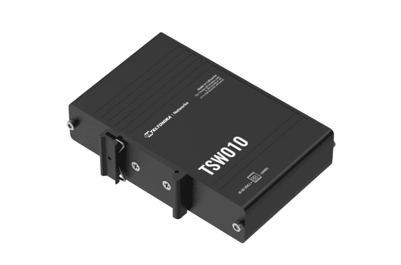 TELTONIKA INDUSTRIAL 5PORT SWITCH TSW010, Interfata: 5 x ETH port, 10/100 Mbps, supports auto MDI/MDIX crossover, Standarde retea: 802.3i, 802.3u, 802.3x, 802.3az, Latime de banda: 1 Gbps, Carcasa aluminiu, Dimensiuni: 113.1 x 27.4 x 80.5 mm, Greutate: 146.5 g, IP30 — miniatură