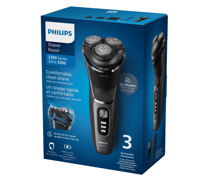 Aparat de ras PHILIPS Shaver Seria 3000 S3343/13, Barbierit umed şi uscat, Fara fir, Capete 5D pivotante si flexibile, Lame autoascutire, 60 min, Sistem de barbierire anticoroziune, Capac de protectie, Suport de incarcare, Negru, L x A x I (mm) 80x140x190 — miniatură