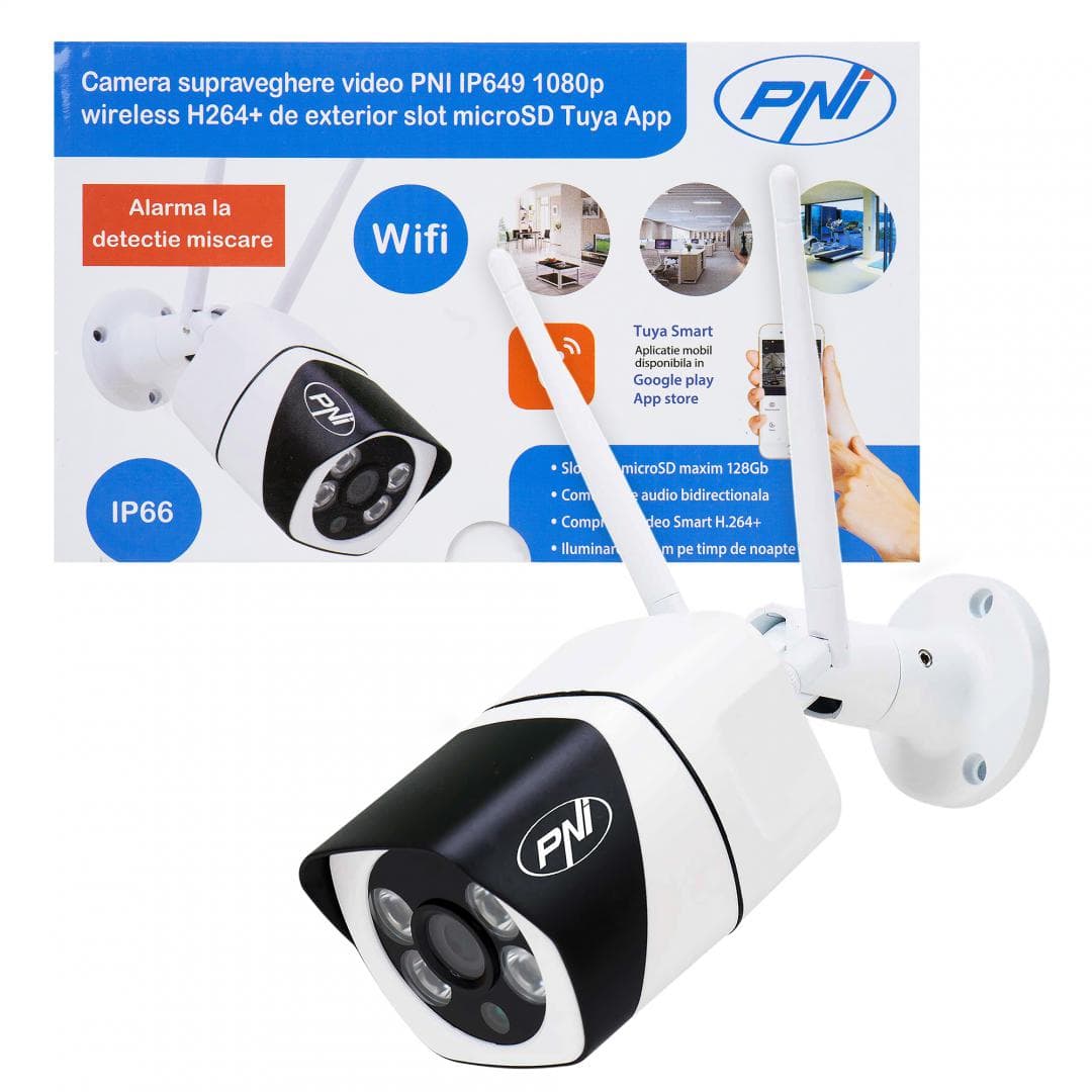 Camera supraveghere video PNI IP649 cu IP, 2MP 1080P, WiFi, slot card micro SD, compatibila cu aplicatia Tuya Smart, Culoare: Alb / Negru, Senzor imagine:1/2.9" CMOS F37, Rezolutie: 1080P (1920 x 1080), Tip lentila: f:3.6mm, Compresie imagine: H.264+, Microfon integrat, Difuzor integrat, 1 X 10/100