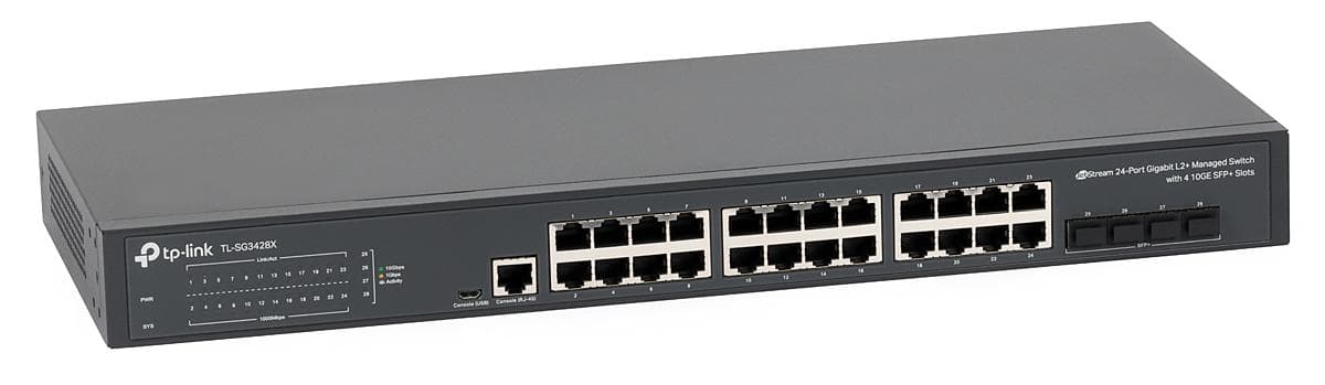 "JetStream™ 24-Port Gigabit L2+ Managed Switch with 4 10GE SFP+ Slots PORT: 24× Gigabit RJ45 Ports, 4× 10G SFP+ Slots, RJ45/Micro-USB Console Port SPEC: 1U 19-inch Rack-mountable Steel Case FEATURE: Integration with Omada SDN Controller, Static Routing, OAM, sFlow, DDM, 802.1Q VLAN, QinQ
