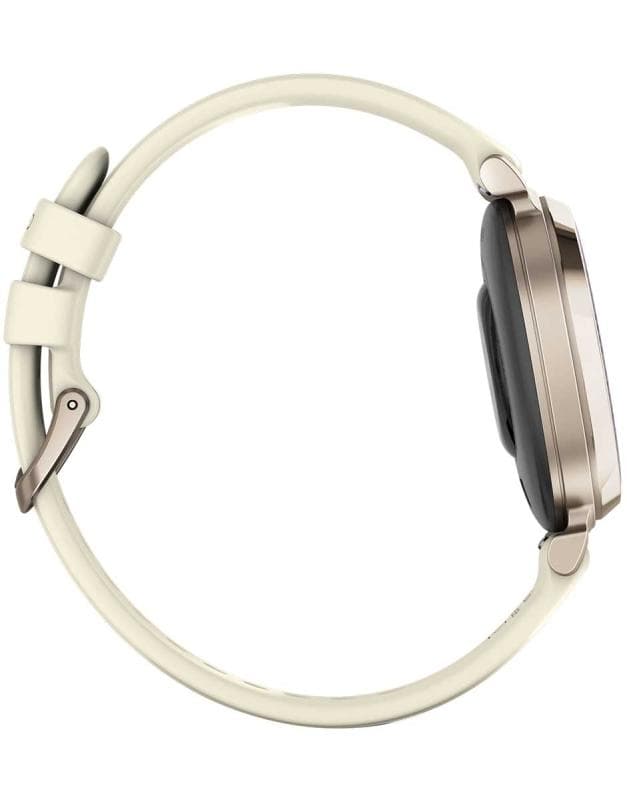Ceas Garmin Lily 2, display AMOLED, dimensiune afisaj 35.4 mm, rezolutie afisaj 240 x 201 pixeli, memorie 8GB, autonomie pana la 5 zile, rezistanta la apa pana la 5 ATM, greutate: 24,4g, ramăCrem auriu, curea cafenie din material textil — miniatură