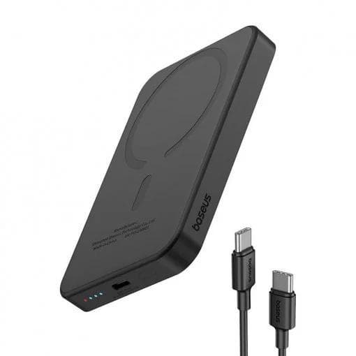 Baterie externa Baseus Magnetic Mini Wireless, 5000mAh, max 20W pe cablu, 1 x USB Type-C output/input, incarcare wireless 15W, include cablu USB Type-C la USB Type-C 30cm, negru — miniatură