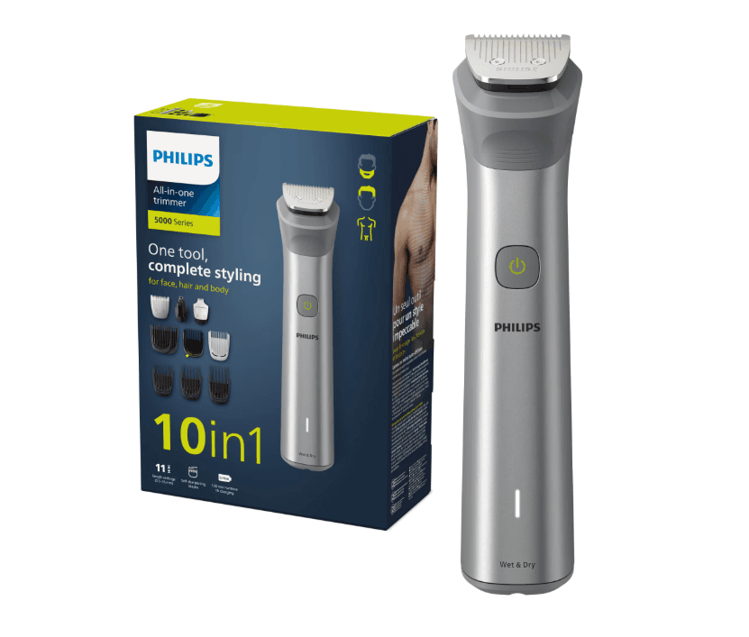Aparat de tuns barba si parul PHILIPS 10 in 1 Multigroom All in One MG5920/15, Tehnologie BeardSense, Lame din otel cu auto-ascutire, 11 setari de lungime, Rezistent la apa,  Husa, Negru / Argintiu, L x A x I (mm) 70x160x230