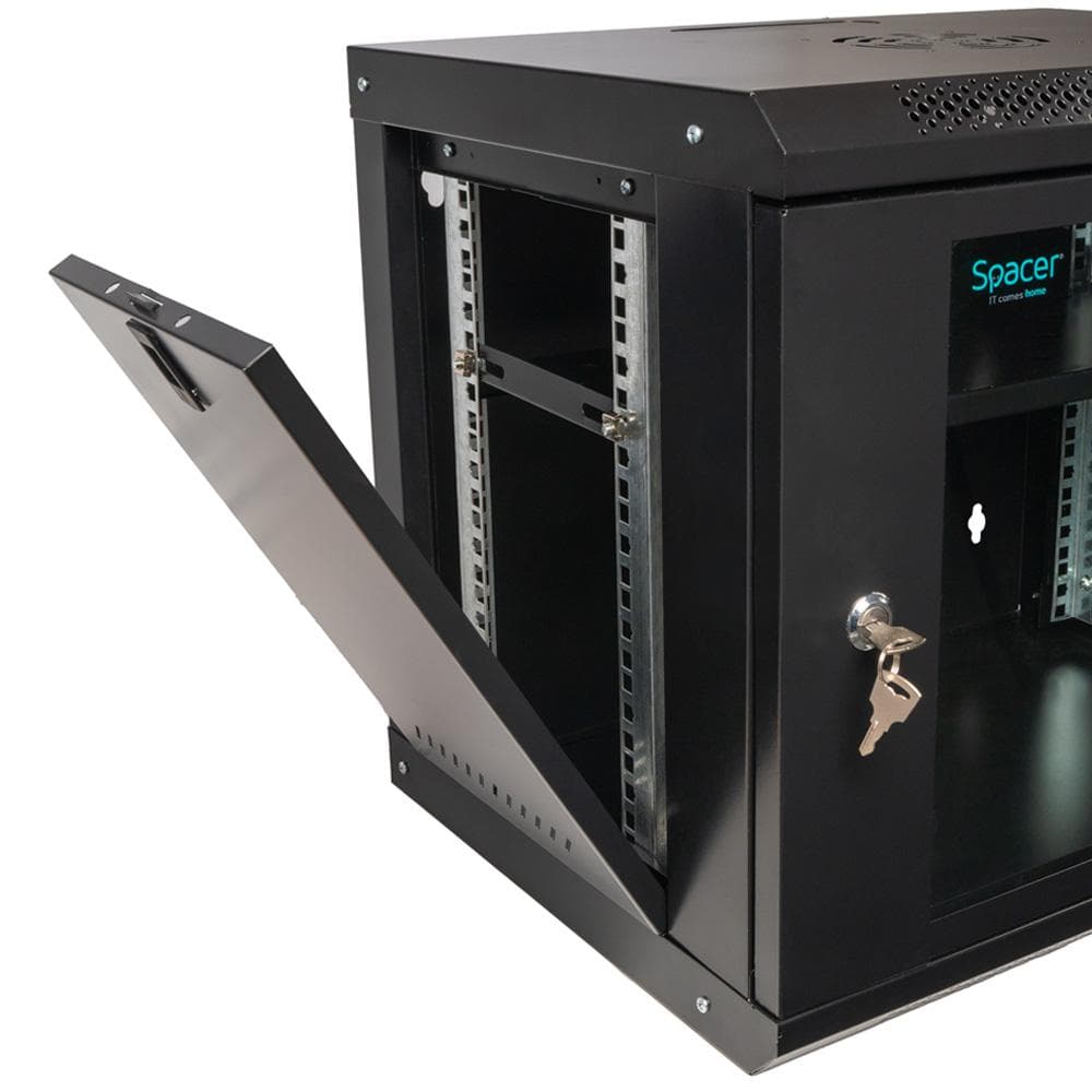 CABINET 19″ SPACER 9U 500x400mm, fixare pe perete, Flatpack (dezasamblat), Black, usa sticla cu blocare, panouri detasabile, otel 1mm, sarcina maxima 25Kg — miniatură