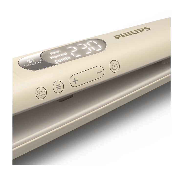 Placa de indreptat parul PHILIPS SenseIQ Seria 8000 BHS838/00, Senzor SenseIQ, 230°C, Ingrijire ioni, 3 moduri, 14 setari temperatura, Varf rece, Husa, Capac de protectie, Champagne, L x A x I (mm) 119x417x145 — miniatură