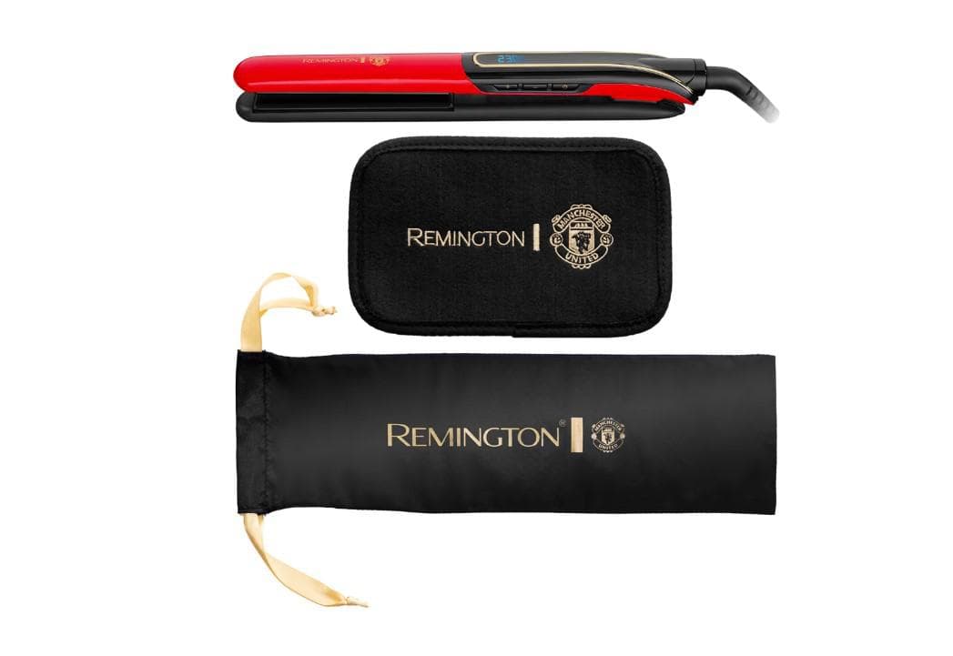 Placa de par Remington S6755 Sleek & Curl Manchester United Edition, 230 grade, Black Titanium Ceramic, Timp incalzire 15 sec, Functie Boost, Rosu/ Negru — miniatură