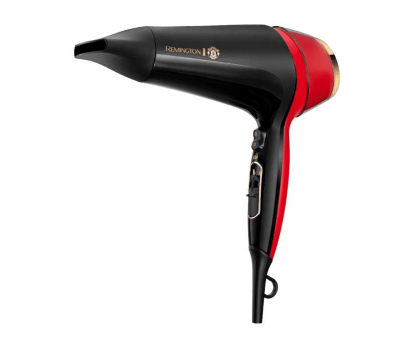 Uscator de par Remington D5755 Thermacare Manchester United, 2400 W, 2 viteze, 3 trepte de temperatura, Indicator LED Ionic, Turbo Boost, Rosu/ Negru