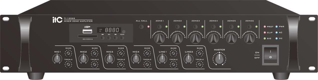 Mixer amplificator cu 6 zone de reglaj ITC TI-2406S, pentru sisteme de Public Address (PA), putere 240W @100V, MP3(USB/SD)+FM Tuner si Bluetooth, 4 x intrari de microfon, 2 x intrari de linie, 1 x intrare EMC, 1 x intrare TEL, Chime integrat, 5 functii prioritare, intrare backup 24VDC, dimensiuni
