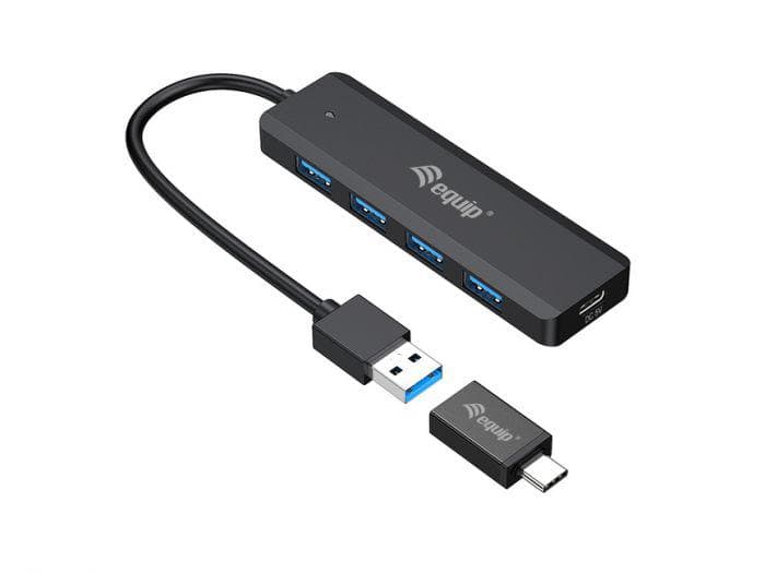 Hub USB EQUIP 4-Port USB 3.2 Gen 1 Hub with USB-C Adapter, USB-A, 5 porturi, Negru