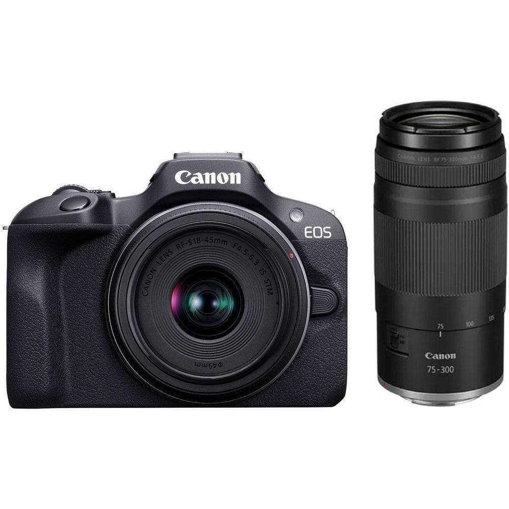 Camera foto Canon Eos R100 Double kit + Obiectiv RF-S 18-45mm F/4.5-6.3 IS STM + RF 75-300 mm, f/4-5.6 kit, Senzor CMOS 22.3 x 14.9mm, 24.1 Megapixeli, Aspect Ratio: 3:2, Procesor:DIGIC 8, Montura RF, Compatibilitate: RF, RF-S, (EF si EF-S cu adaptor), Distanta focla: 1.6x, Dual Pixel CMOS AF