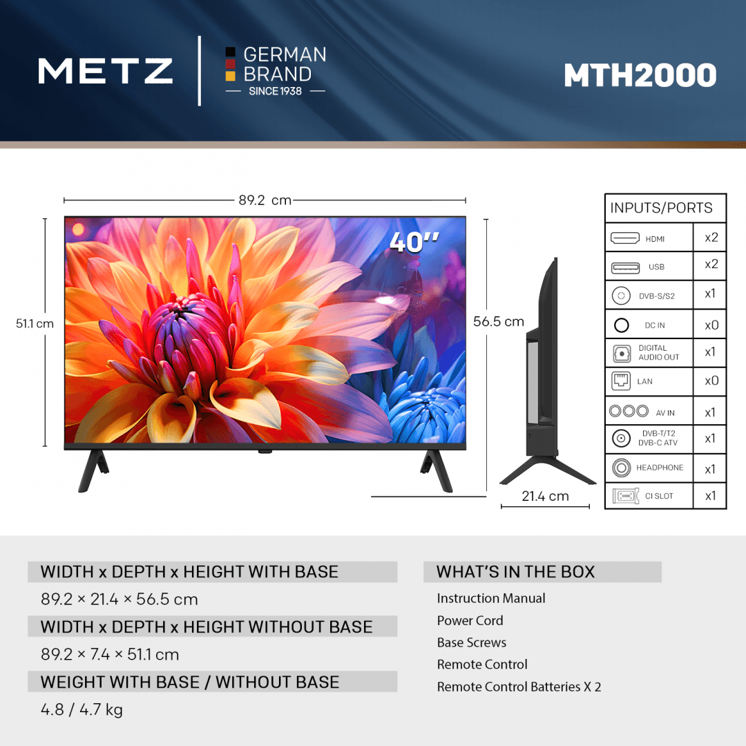 Televizor METZ LED 40MTH2020Z, 100 cm, FHD, Clasa E, Non Smart TV — miniatură