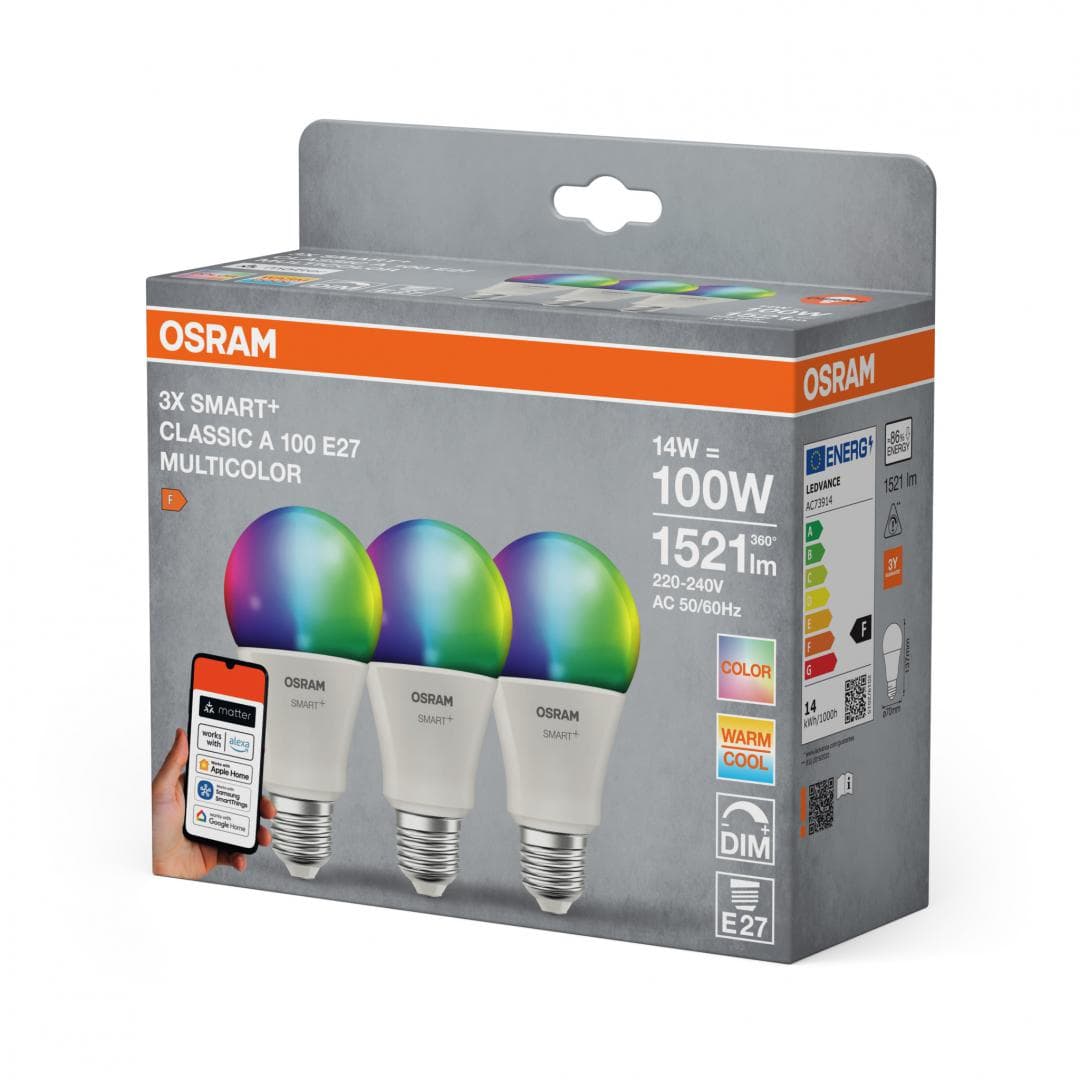 3 Becuri LED RGB inteligente Osram SMART+ Matter over WiFi Classic Multicolour A ,E27, 14W (100W), 1521 lm, lumina alba si color (2700-6500K)
