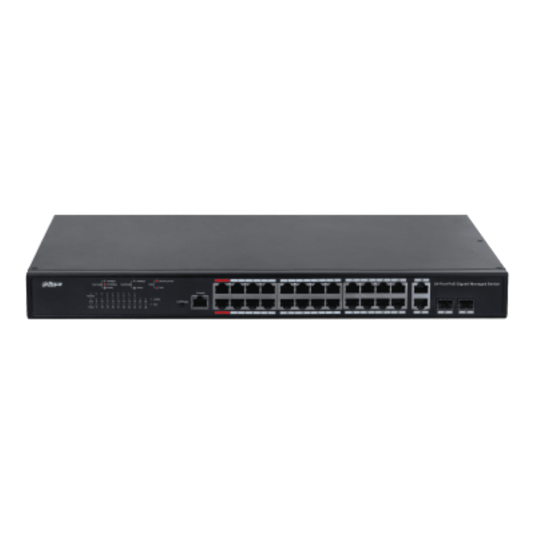 Dahua managed switch 26 porturi, 24 porturi POE, Interfata:24 x 10/100/1000 Mbps, 2 x 2 gigabit uplink combo ports, Buget POE: 370w, Switching Capacity: 56 Gbps, Packet Forwarding Rate: 41.7 Mpps, Standarde retea: IEEE 802.3, IEEE 802.3u, IEEE 802.3ab, Dimensiuni: 440 mm × 290.7 mm × 43.3 mm — miniatură