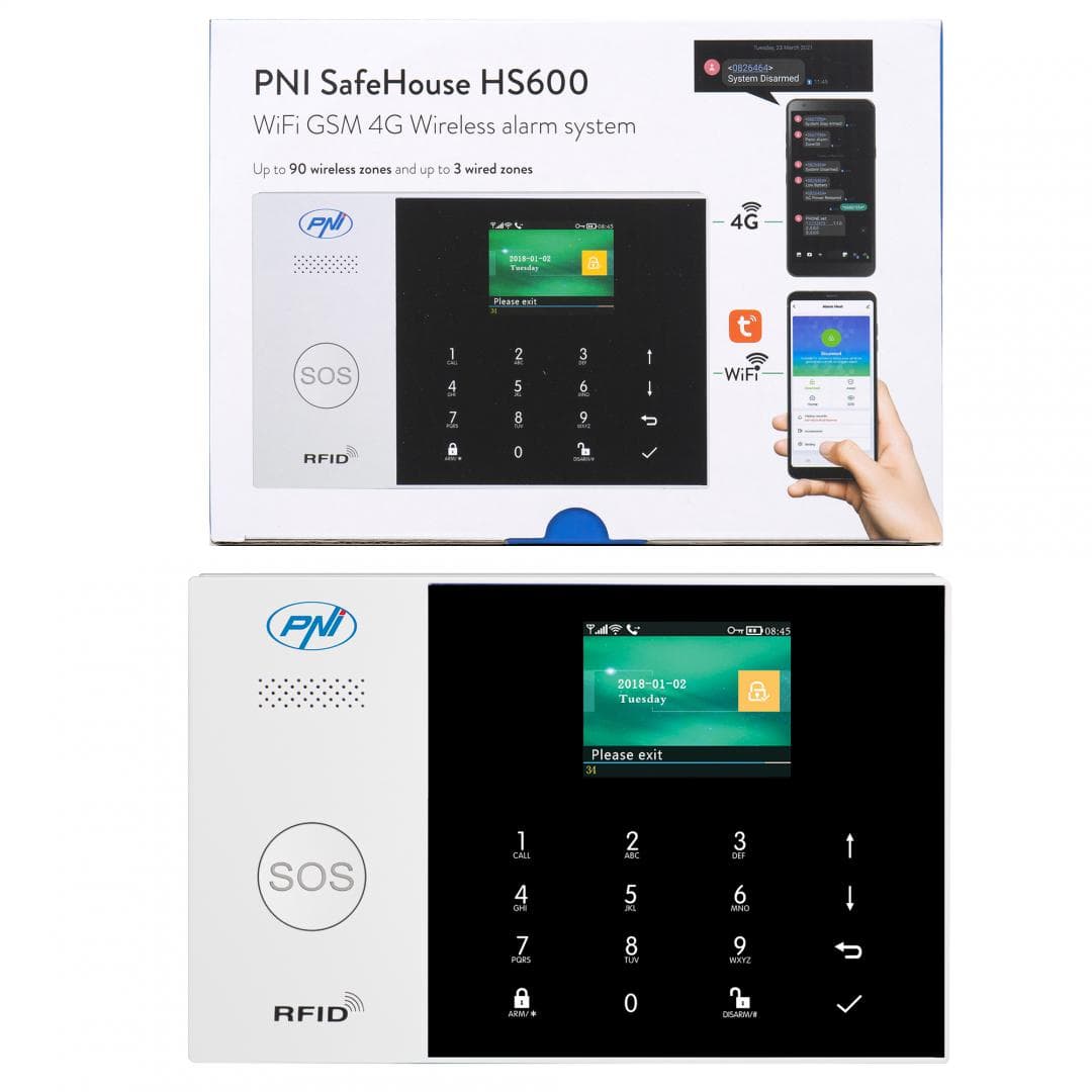 Sistem de alarma wireless PNI SafeHouse HS600 Wifi GSM 4G, suporta 90 zone wireless si 3 zone cu fir, compatibil cu aplicatia Tuya Smart, alerta prin SMS, apel vocal, notificare pe telefon, Zone wireless: 90, Zone Cablate: 3, Comunicator: 4G GSM, Numere de telefon comune 5 numere, Acumulator intern
