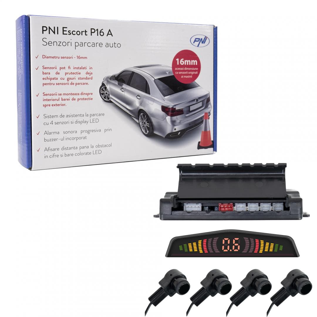 Senzori parcare auto PNI Escort P16 A cu 4 receptori 16mm tip OEM PNI- P16A, Culoare: negru, Distanta detectie: 0-2.5m, Frecventa ultrasonica: Frecventa ultrasonica 40 KHz, Temperatura functionare: -26°C ~ +60°C, Diametru freza gaurire: 16mm, Dimensiune Unitate de control: 98 x 65 x 15 mm, Lungime