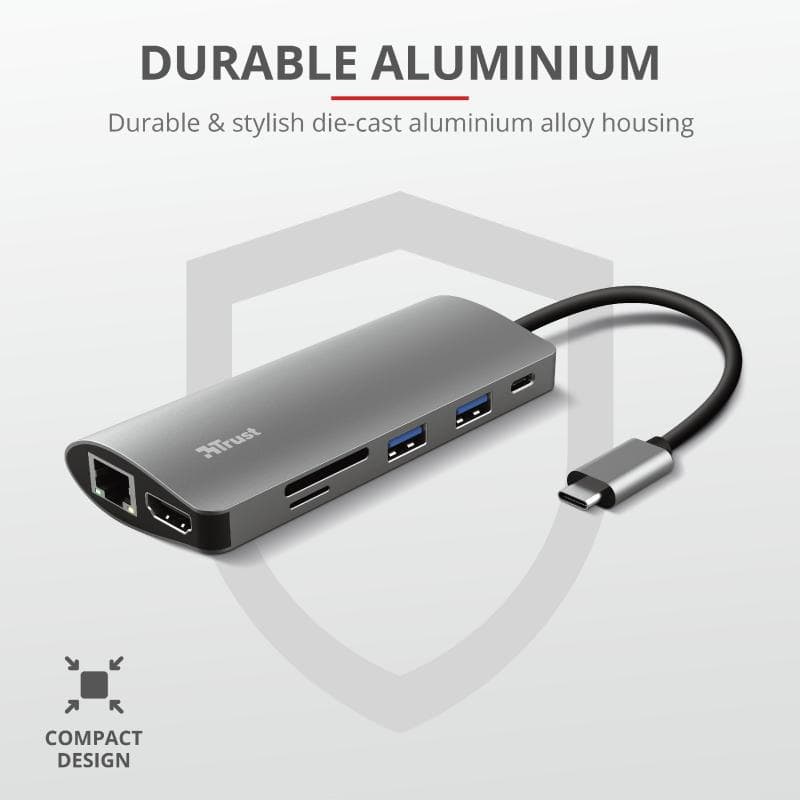 Hub USB Trust Dalyx, USB-C, 7 porturi, HDMI, RJ-45, Negru — miniatură