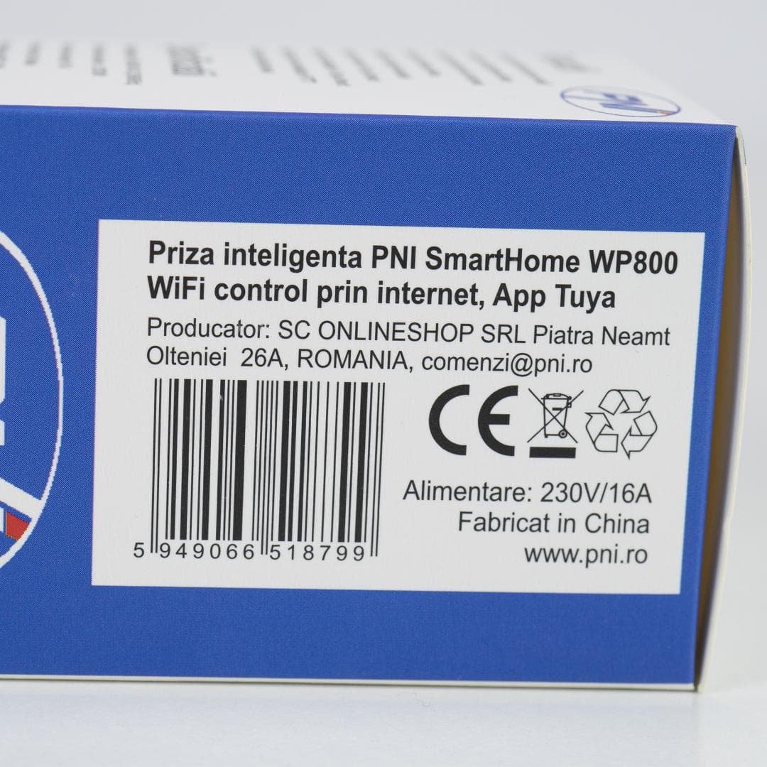 Priza inteligenta PNI SmartHome WP800 WiFi control prin internet, App Tuya Smart, compatibila cu Amazon Alexa si Google Home, masoara consumul de energie, Tensiune alimentare: 230V, Sarcina maxima: 3700 W, Distanta transmisie, 50 m exterior, interior 30 m, Dimensiuni: 87 X 50 X 50 mm — miniatură
