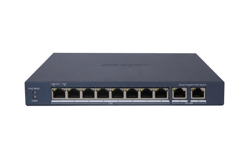 Switch PoE Hikvision DS-3E1510P-EI: 8 × Gigabit PoE port, 2 × Gigabit RJ45 port maxim 30W, buget PoE 110W, tensiune alimentare 54VDC, 2.22A, dimensiuni: 217.6 mm × 27.6 mm × 108.5 mm, greutate: 0.54kg, montare pe birou sau pe perete.