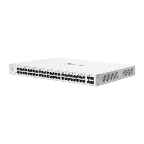 Switch TP-Link cu 52 de porturi, 48× 10/100/1000 Mbps PoE+ RJ45 Ports (Auto Negotiation/Auto MDI/MDIX),4× Gigabit SFP Slots, capacitate switch 104 Gbps, dimensiuni 17.3×13.0×1.7 in (440×330×44 mm) — miniatură