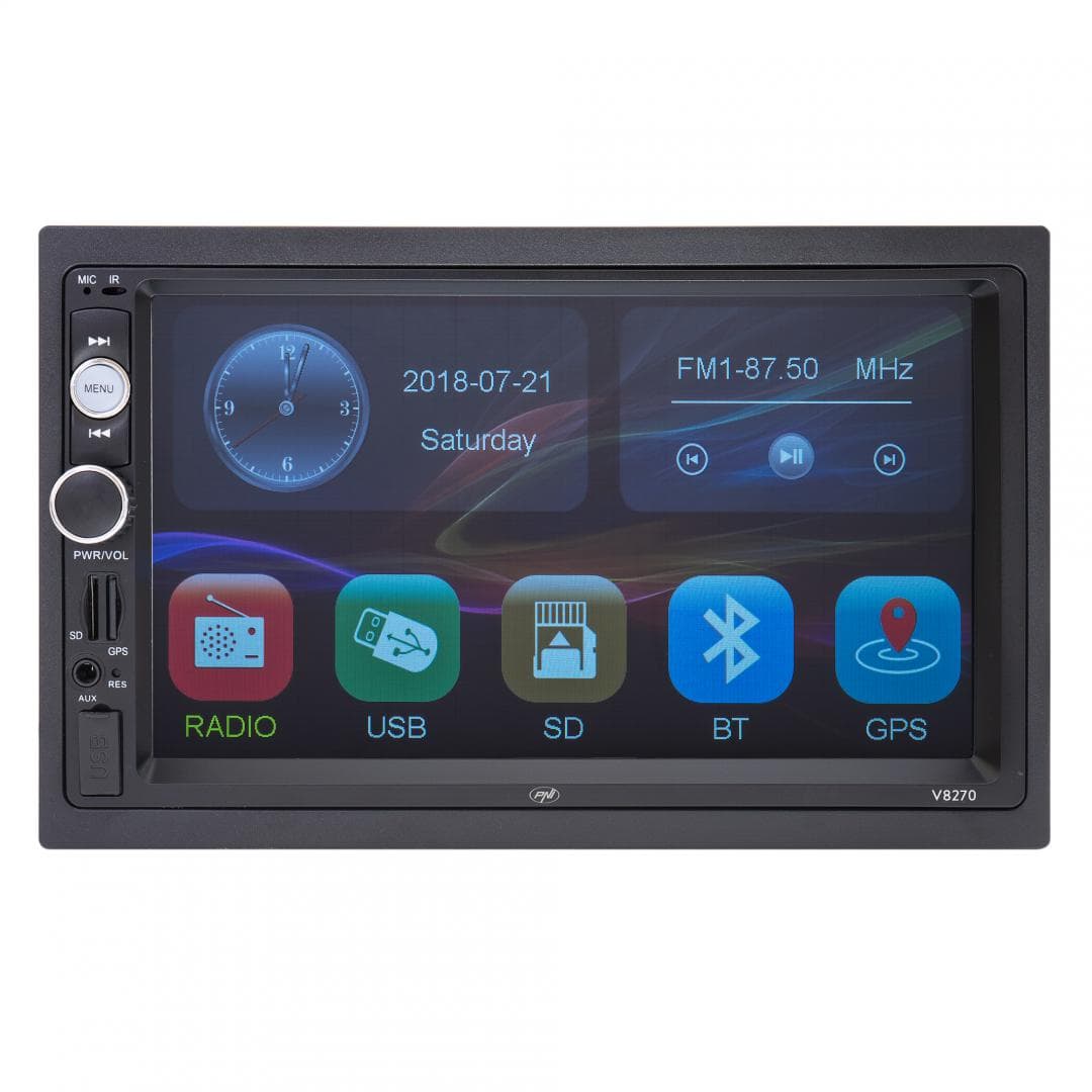 Navigatie multimedia PNI V8270 2 DIN cu GPS MP5, touch screen 7 inch, radio FM, Bluetooth, Mirror Link, AUX, USB, microSD, Culoare: negru, 7", Rezolutie: 1920 x 1080px, Aspect: 16:9, Formate acceptate: DVD, VCD, CD, CD-R, MP3, JPEG, WMA, Procesor: 500 MHz, Bluetooth, format audio: MP3, WMA, WAV — miniatură