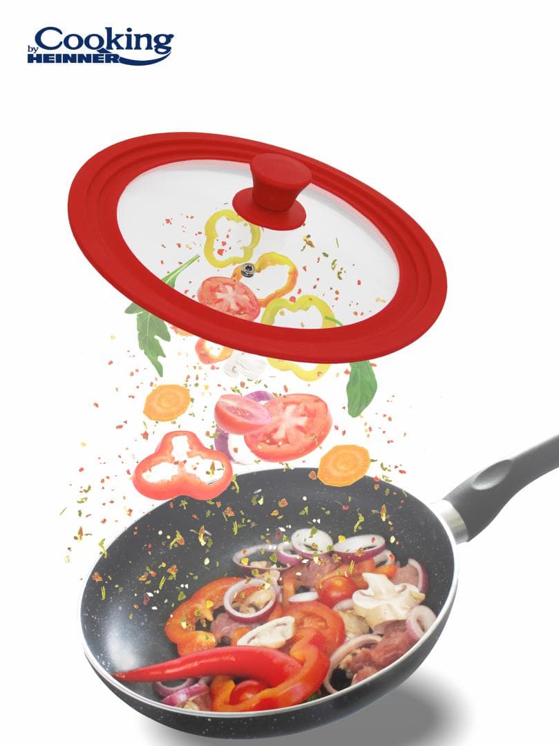 CAPAC STICLA CU MARGINE DIN SILICON AJUSTABILA PE 3 DIMENSIUNI 22/24/26 CM, COOKING BY HEINNER (mix 2 culori in bax, 3 rosii + 3 gri) — miniatură