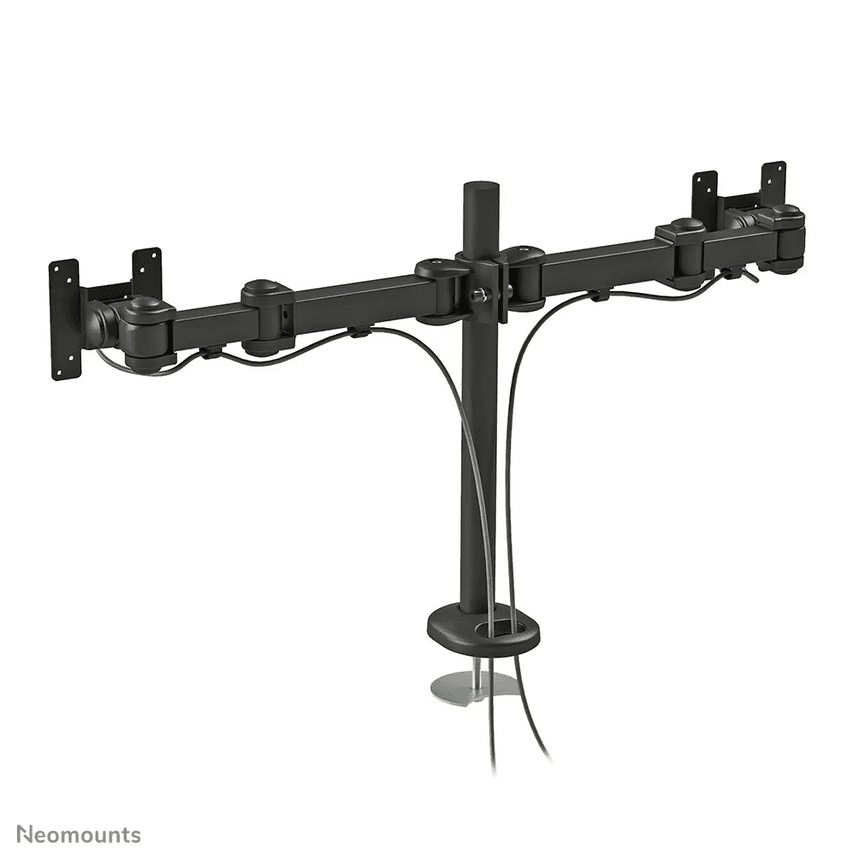 Neomounts by Newstar full motion dual desk mount (grommet) for two 10- 27" monitor screens, height adjustable - Black General Min. screen size*: 10 inch Max. screen size*: 27 inch Min. weight: 0 kg (per screen) Max. weight: 8 kg (per screen) Screens: 2 VESA pattern: 75x75, 100x100 mm VESA minimum — miniatură
