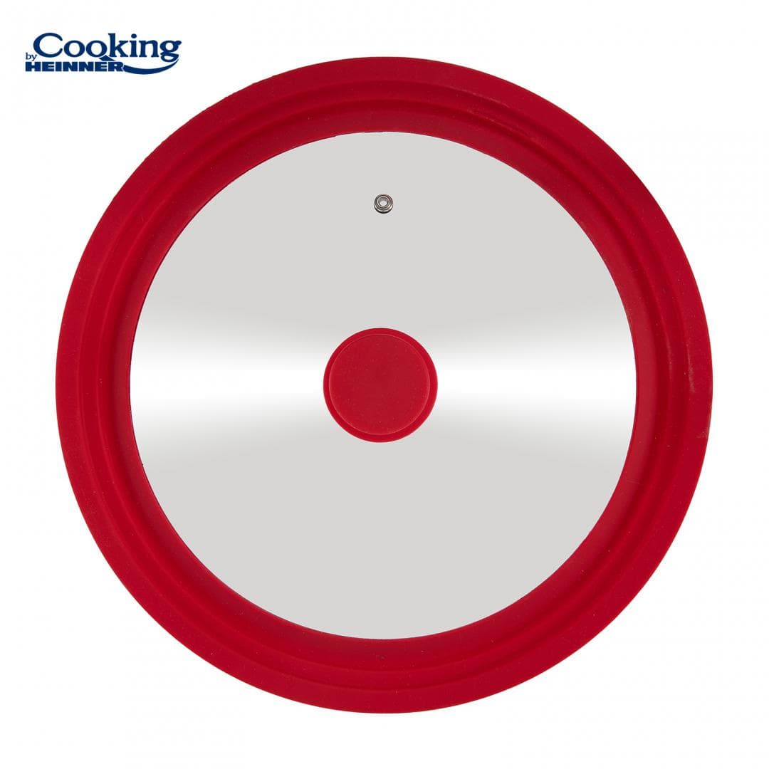 CAPAC STICLA CU MARGINE DIN SILICON AJUSTABILA PE 3 DIMENSIUNI 22/24/26 CM, COOKING BY HEINNER (mix 2 culori in bax, 3 rosii + 3 gri) — miniatură