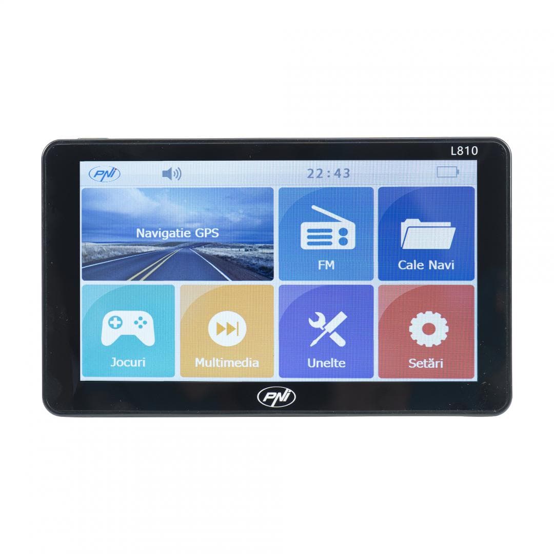 PNI L810 SISTEM NAVIGATIE 7", Windows CE 6.0, Rezolutie: 800 x 480, Aspect: 16:9, Procesor: 800 MHz. Meemrie RAM 256 Mb, Memorie interna: 8Gb, Slot MicroSD, max 32Gb, Culoare Negru, FM Transmitter, Fara harti incluse. — miniatură