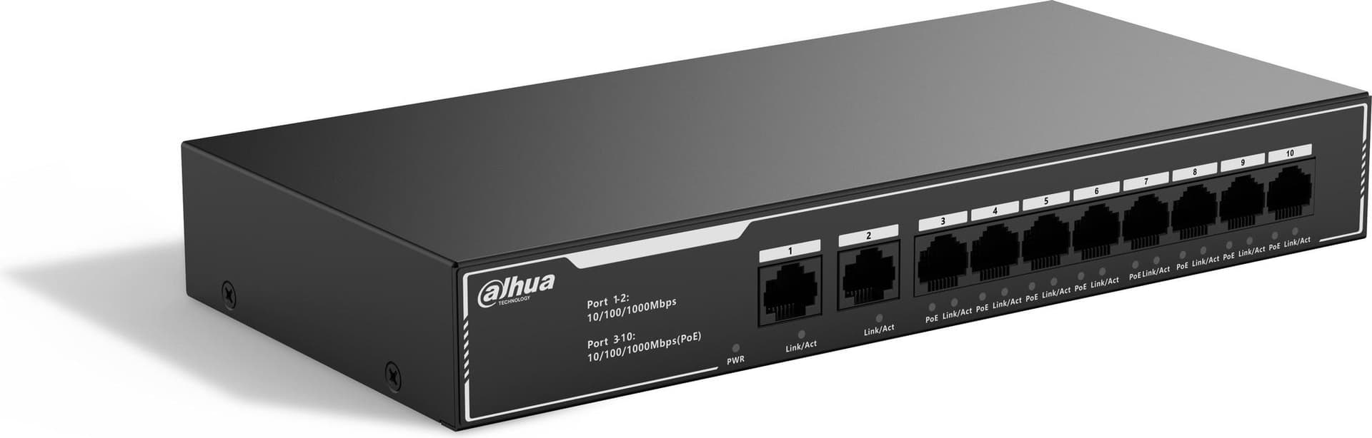 DAHUA 10-Port Economical Gigabit PoE Switch with 8-Port PoE, Port 1-2:2 × RJ-45 10/100/1000Mbps(Uplink), Port 3-10:8 × RJ-45 10/100/1000Mbps(PoE), Switching Capacity; 20 Gbps, Standarde retea: IEEE802.3; IEEE802.3u; IEEE802.3x; IEEE802.3ab, Dimnsiuni: 243 mm × 118 mm × 35 mm, Greutate:0.8 kg.