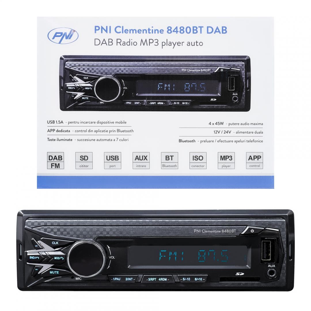 DAB si RDS radio MP3 player auto PNI Clementine 8480BT 4x45w, 12/24V, 1 DIN, cu SD, USB, AUX, RCA, Bluetooth si USB 1.5A pentru incarcare telefon, Radio: FM/DAB+, Radio FM: 87.5MHZ - 108.0MHZ, Radio DAB: 174.928MHZ - 239.200MHZ, Dimensiuni (L x H x A / Greutate): 187 X 115 X 55mm / 390 g, Redare