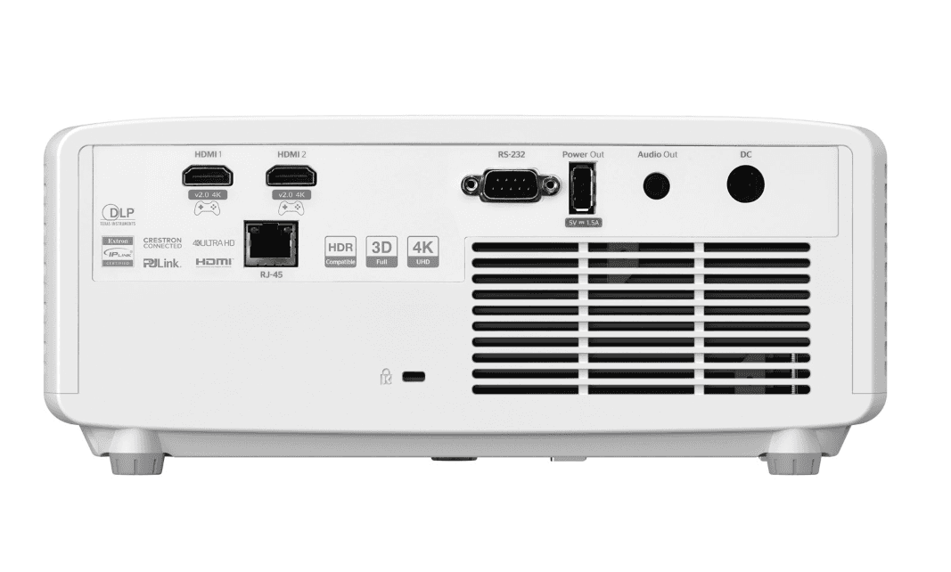 Videoproector Optoma UHZ35ST, UHD 3840*2160, 3.500 lumeni, 500.000:1, 16:9/ 4:3/ 16:10, laser 30.000 ore, distanta maxima de proiectie 3.3m, 2 * HDMI, Audio 3.5mm, USB-A power 1.5A, RS232, RJ45, 28dB-35dB, Security bar, Kensington Lock, protejare cu parola, IP6X, telecomanda cu baterii incluse, boxa — miniatură