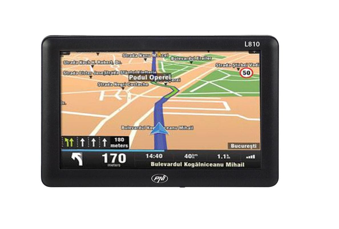 PNI L810-HM SISTEM NAVIGATIE 7", Windows CE 6.0, Rezolutie: 800 x 480, Aspect: 16:9, Procesor: 800 MHz. Meemrie RAM 256 Mb, Memorie interna: 8Gb, Slot MicroSD, max 32Gb, Culoare Negru, FM Transmitter, Cu harta Europei Mireo Don't panic inclusa. — miniatură