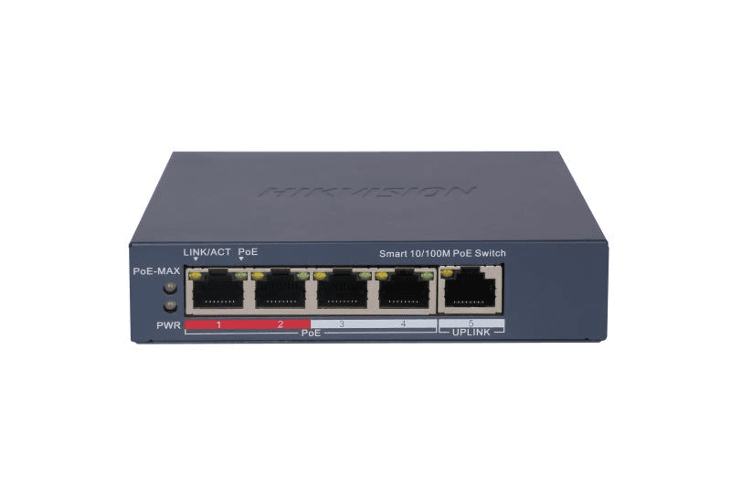 Switch 4 porturi PoE Hikvision DS-3E1105P-EI, L2, Smart Managed, 4 × 100 Mbps PoE RJ45 ports, si 1 × 100 Mbps network RJ45 port, Putere PoE 60 W, maxim 30W per port, Extend mode - pana la 300 metri, material metal, dimensiuni: 105 mm × 27.6 mm × 83.1 mm, greutate: 0.22 kg