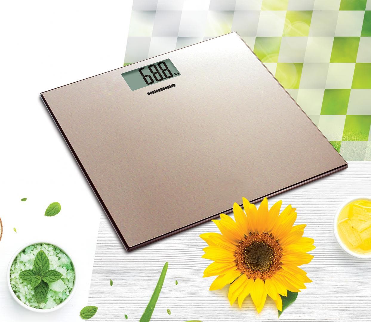 Cantar de baie Heinner HBS-180SSGD, 180kg, platforma din inox colorat, 30 x 30 cm, display LCD, baterii 2 x 1.5V AAA, gold