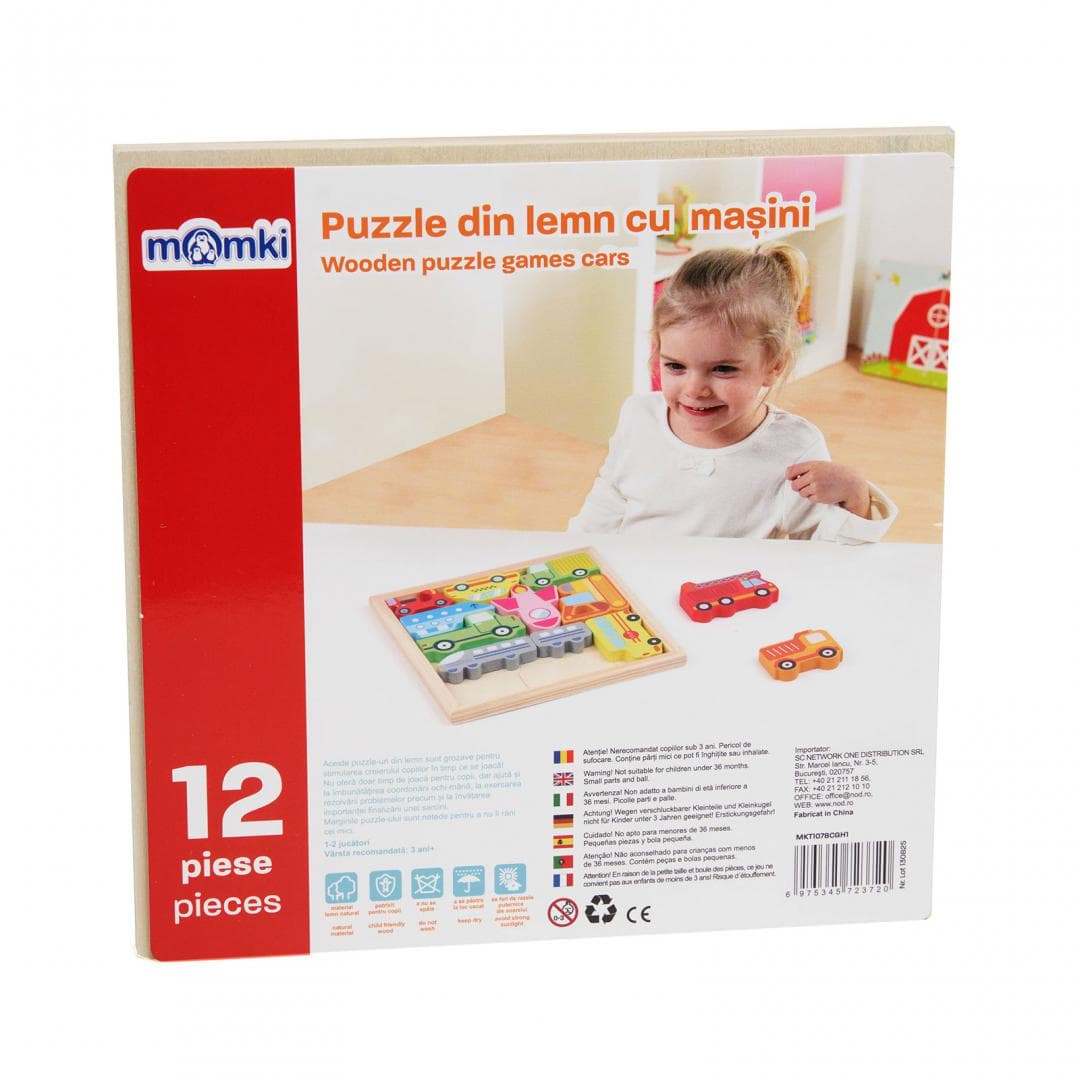 PUZZLE DIN LEMN CU MASINI, 12 PIESE, MOMKI — miniatură