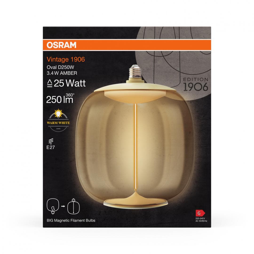Bec LED vintage (decorativ) OSRAM Amber cu filament magnetic, E27, 3.4W (25W), 250 lm, lumina calda (2700K), clasa energetica G — miniatură